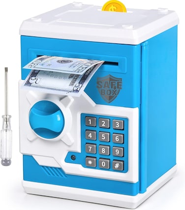 ذا تويز هوم - صندوق توفير إلكتروني ATM للأطفال مع قفل رمز سري 4 أرقام وفتحة آلية لالتقاط الأوراق النقدية والعملات أبيض أزرق هدية رائعة للأولاد والبنات