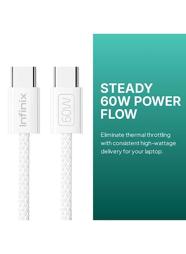 Infinix Type-C to Type-C Cable 60W - Premium Series Fast Charging USB-C PD Charging &amp; Data Cable 1m for Android Phones, Samsung Galaxy, Tablets, Laptops and USB-C Devices - White