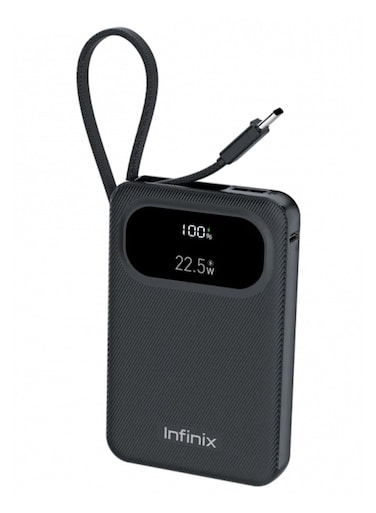 بنك طاقة Infinix XPower 10 Pro بسعة 10000 مللي أمبير، يدعم الشحن السريع بقوة 22.5 واط، مزود بكابل من النوع C مدمج - أسود
