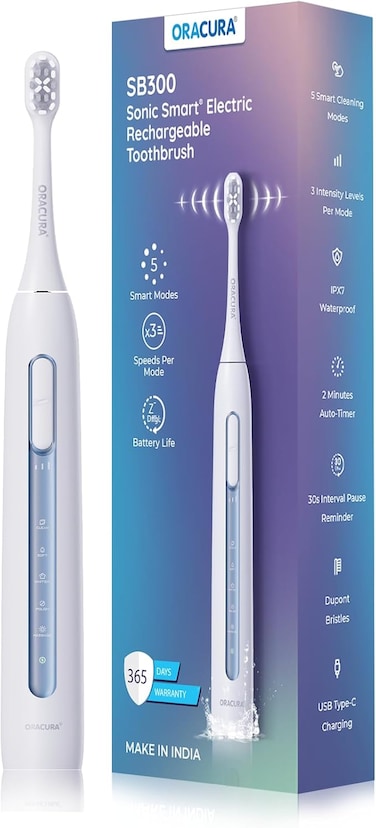ORACURA&reg; SB300 Sonic Smart Electric Rechargeable Toothbrush &ndash; 36,000 Strokes/Min &ndash; 5 Modes &amp; 3 Intensity Levels &ndash; 2-Min Auto Timer &ndash; 90-Day Battery  blue