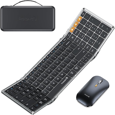 ProtoArc Foldable Keyboard and Mouse, XKM01 True Full-Size Folding Keyboard Mouse Combo for Business and Travel, 2.4G+Dual Bluetooth Portable Mouse Keyboard for Laptop iPads Tablets - Black Gray
