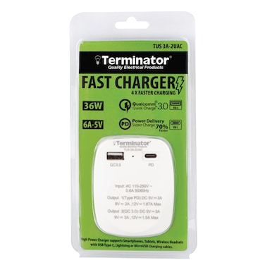 Terminator USB Fast Charger 2 Ports 3 Amp (A &amp; C Type) 38W 13A Plug