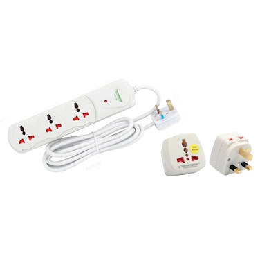 Terminator 3 Way Universal Power Extension Socket With Single Indicator 1.00mm2 Cable 2M 13A Fused Plug + Universal Travel Adaptor