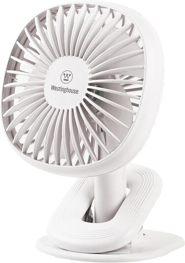 Westinghouse Portable Clip-On Desk Fan - 3 Speed Rechargeable Battery Operated Fan With Adjustable Tilt, Compact Quiet Cooling for Home, Office, and Travel - 190mm x 140mm