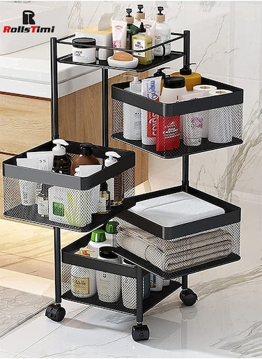 Multi-Layer Kitchen Storage Shelf,Rotatable Kitchen Fruit Vegetable Storage Basket,Multi-Use Storage Rack Organizer with 4 Movable Wheels (4Layer/Square)