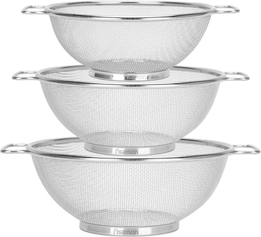 Fissman Strainer Sets with Resting Base - 20cm, 22cm, 26cm - Stainless Steel Colander Strainer with Handle