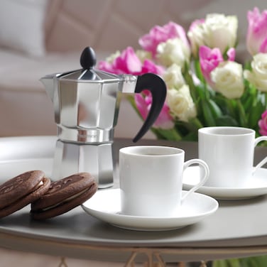 Fissman Coffee Maker Aluminium For 2 Cups/120ml with 2-Piece Ceramic Cups And Saucer Set