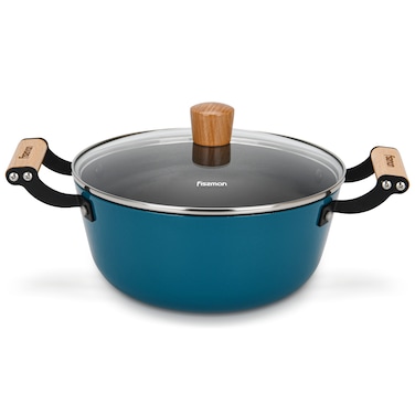 Fissman Stockpot 24cm/4LTR Seagreen Series Series With Glass Lid Enamelled Lightweight Cast Iron With Non-Stick Coating