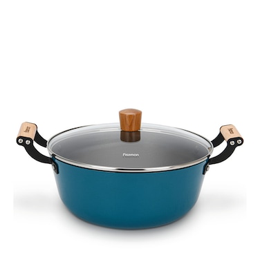 Fissman Stockpot Seagreen 28cm/6LTR Series With Glass Lid Enamelled Lightweight Cast Iron With Non-Stick Coating