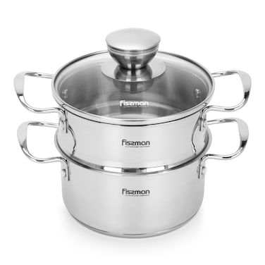 Fissman Cooking Pot 14x7.0 cm / 1.1 LTR with steamer insert 14x6.5 cm with glass lid Stainless Steel