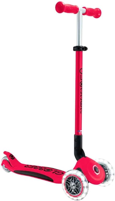 Globber Primo Plus Lights Children's Scooter with 3 Wheels Foldable For 3 To 9 Years, Red/Black