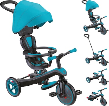 Globber Explorer Trike 4-In-1 Pro In Turquoise - Tricycle, Balance Bike and Pushchair In 10/8.5 Inch - Tpr Seat - Height-Adjustable Children's Vehicle