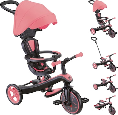 Globber - 4 In 1 Explorer Tricycle - Evolutive and Balance Bike Tricycle For Toddlers From 10 Months To 5 Years - Version 2 - Pastel Pink