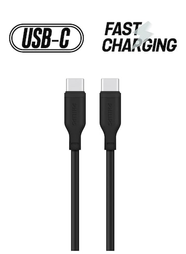 كابل شحن سريع من فيليبس USB-C إلى USB-C لأجهزة iPhone 15 Series و MacBook و iPad Pro/Air و Mini و Samsung و Pixel، شاحن USB-C بطول 1.2 متر - أسود