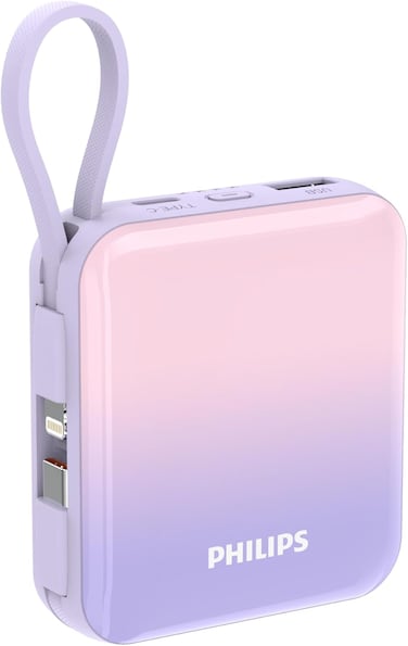 Philips 10000mAh 22.5W Fast Charging Power Bank (DLP5713CP/00) - Built-in USB-C &amp; Lightning Cables, USB-A &amp; USB-C Output, LED Indicator - Purple