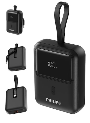 بنك طاقة فيليبس بسعة 10000 مللي أمبير وقوة شحن سريع 30 واط (DLP7810CB/00) - مزود بكابل USB-C مدمج، ومخرج USB-A وUSB-C، وشاشة LCD - أسود
