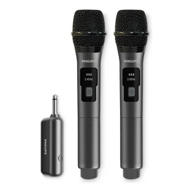 Philips DLM3401TP/00 Dual Wireless Microphone System, 2.4GHz Dynamic Mics, 30m Range, Rechargeable Receiver, 4-Level Vocal Gain, 6.3mm + 3.5mm Adapter, Karaoke & Singing
