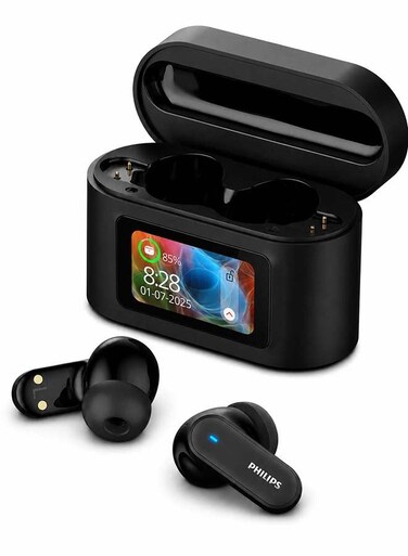 Philips Wireless Earbuds with Smart Touchscreen Case, ANC Bluetooth 5.4 Noise Cancelling TWS Earbuds, 4 Mic Calls, 28H Battery, Deep Bass, IPX5 Waterproof - Black