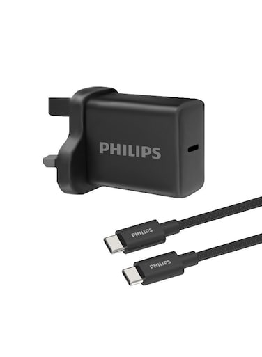 شاحن حائط سريع من فيليبس بقوة 30 واط بتقنية GaN مع كابل مضفر USB-C إلى USB-C بقوة 65 واط، بطول 1 متر، يدعم تقنية توصيل الطاقة عالية السرعة للهواتف الذكية والأجهزة اللوحية - أسود