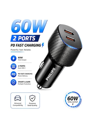 Philips 60W Dual USB-C Car Charger, Fast Charging PD 3.0, iPhone 16/15/14, Samsung Galaxy S25/S24, iPad, Dual Port Simultaneous Charging, Smart Protection, Black - Without Cable