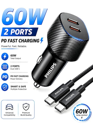 Philips 60W Dual USB-C PD Car Charger with Braided USB-C to USB-C Cable, Fast Charging Car Adapter for iPhone 16/15, Samsung Galaxy, iPad, MacBook, Android Devices, Black - With Cable