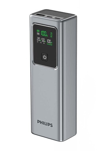 Philips Power Bank 20000mAh 100W Fast Charging, 2x USB-C PD + USB-A QC, Digital LCD Display, Laptop Charger Portable for MacBook iPhone Samsung - DLP6731CG Grey