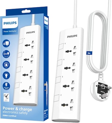 Philips 4-Way Universal Power Extension Cord with Individual Switches (3M), 2500W Overload Protection, 750&deg;C Fire-Resistant, 3x1mm&sup2; Heavy Duty Cable, 13A Fuse, ESMA Certified, UK Plug (4UV-3m)