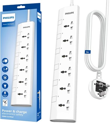 Philips 6-Way Universal Power Extension Cord with Individual Switches (3M), 2500W Overload Protection, 750&deg;C Fire-Resistant, 3x1mm&sup2; Heavy Duty Cable, 13A Fuse, ESMA Certified, UK Plug (6UV-3m)