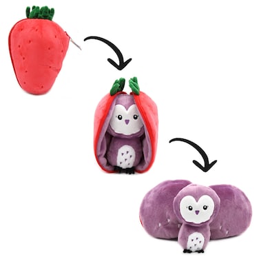 Les D&eacute;glingos  Flipetz Violet La Chouette Fraise Plush Toy &ndash; Soft &amp; Cuddly Owl with Strawberry Plush, Cute Kids Stuffed Animal Gift
