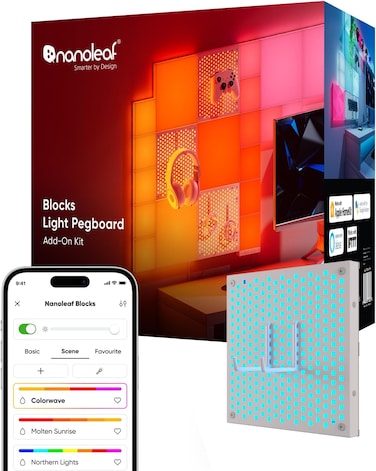 Nanoleaf Blocks Expansion Pack, 1 Light Pegboard (Starter Pack Required), With 2 Heavy Duty Pegboard Hooks For Keyboards &amp; Controllers, RGBW Wall Lights, Easy Screw Mounting (Screws Included)