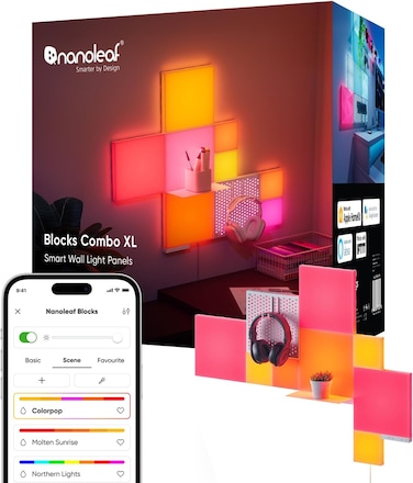 Nanoleaf Blocks Combo Xl Smarter Kit, WiFi Smart RGBW 16M+ Color LED Dimmable Gaming And Home Decor Wall Light Panels (9 Panels + 1 Shelf)