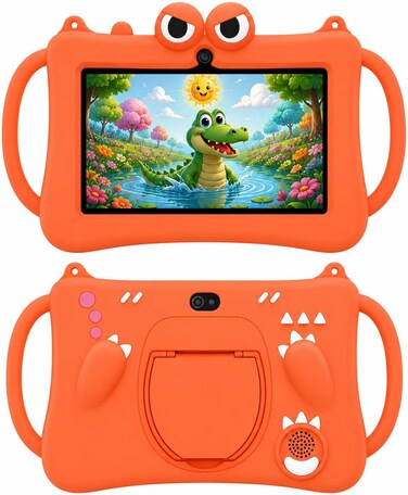 Telzeal P604 Kids Tablet 7 Inch HD Display, 6GB RAM 256GB ROM, Android 13, 3000mAh Battery, 5G WiFi, Dual Camera, Shockproof Protective Case with Handle (Orange)