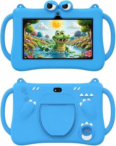 Telzeal P604 Kids Tablet 7 Inch HD Display, 6GB RAM 256GB ROM, Android 13, 3000mAh Battery, 5G WiFi, Dual Camera, Shockproof Protective Case with Handle (Blue)