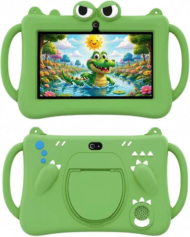 Telzeal P604 Kids Tablet 7 Inch HD Display, 6GB RAM 256GB ROM, Android 13, 3000mAh Battery, 5G WiFi, Dual Camera, Shockproof Protective Case with Handle (Green)