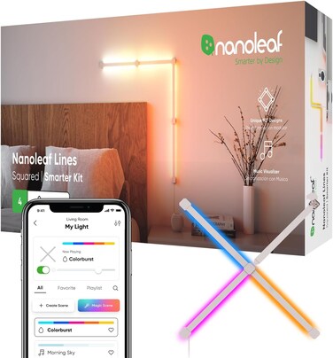 Nanoleaf Lines Squared Starter Kit, 4 Smart Bars LED Backlit Modular Wi-Fi Colour Changing Wall Lights With 90&deg;Connector, Music &amp; Screen Sync, Works With Alexa Google Apple, 42 W, Multicoloured (RGBW)