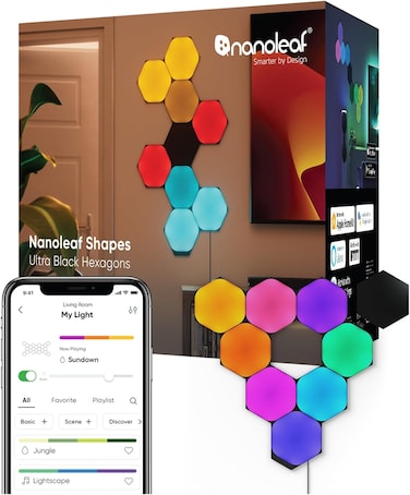 Nanoleaf Shapes Ultra Black Hexagon Starter Kit, 9 Smart Light Panels LED RGBW, Modular Wi-Fi Colour Changing Wall Lights, Works With Alexa Google Assistant Apple Homekit, For Room Decor &amp; Gaming