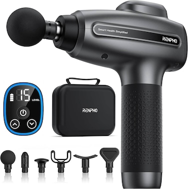 Renpho Massage Gun Deep Tissue, LED Touch Speed, 15 Adjustable Speed Levels, 3200W Power, 6 Professional Massage Head, Black   R-WMG01-BLK