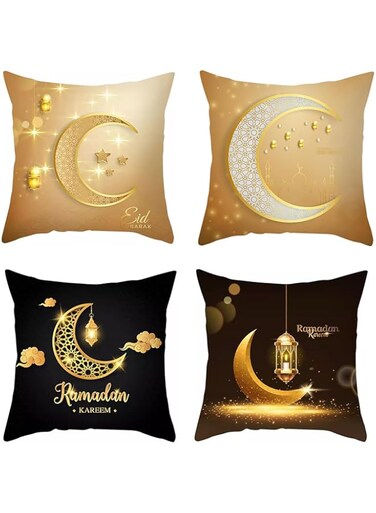 Beauenty Ramadan Decorations for Home,4 Pcs 18x18 In Ramadan Pillow Covers Eid Cushion Cover with Moon and Star Lantern Patterns Pillow Case for Home Couch Sofa Bedroom Decor(A)