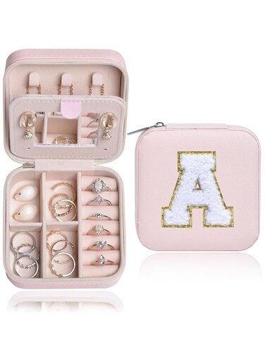 Paporich Travel Jewelry Case, Trendy Travel Jewelry Box With A Initial, Birthday Gifts for Women Mothers Day, Bridesmaid Gift and Personalized Gifts, Birthday Gifts for Women Girls (Pink)