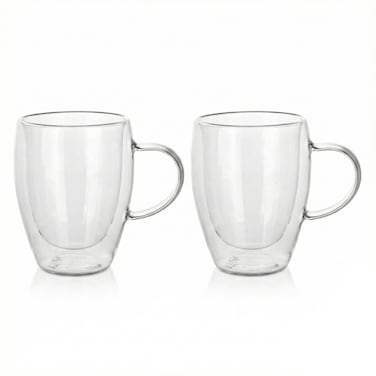 Art Borosilicate Glass Double Wall Glass with Handle 350ml Set of 2   Transparent Heat Resistant Tea Coffee Cups   Insulated Microwave &amp; Dishwasher Safe Glassware