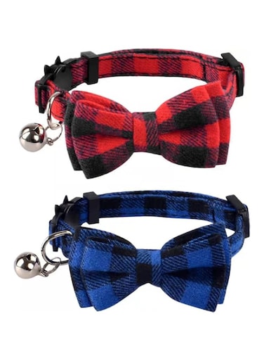 Oasisgalore 2 Pack/Set Cat Collar Breakaway with Cute Bow Tie and Bell for Kitty Adjustable Safety Plaid, Red&amp;Blue