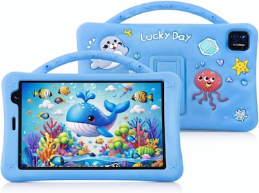 Telzeal P801 Kids Tablet Blue 8 Inch HD (1280x800) Android 13, 8GB RAM 512GB Storage, Dual SIM, 5000mAh Battery, 5MP+8MP Camera, Shockproof EVA Case with Handle (Purple)