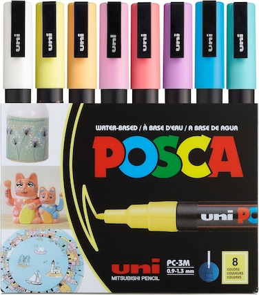 Posca 8-Color Paint Marker Set - Pc-3M Fine Tip - Soft Colors - Water-Based, Quick-Dry, Reversible Tip - Ideal For Art, Craft, DIY Projects