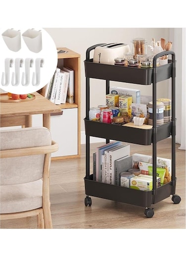 3-Tier Rolling Utility Cart with Wheels Detachable Utility Storage Cart Rack with Handle and Lockable Casters Multi-Functional Storage Trolley for Office Kitchen Bathroom (Black 3-Tier)