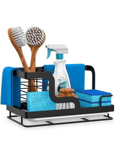 Azonee Kitchen Sink Caddy Organizer, , Sponge Holder, Dish Soap Brush Holder with Removable Drain Pan, Kitchen Accessories Stainless Steel Storage Basket for Dishcloth, Scrubber-Black