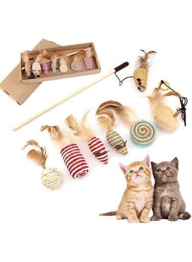 Cat Feather Wand Toy Set, 7 Pieces, Wooden Handle with 6 Interchangeable Attachments