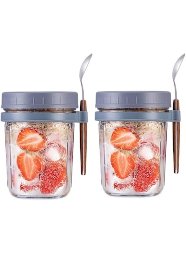 2 Pack Overnight Oats Containers with Lids And Spoon, Glass Mason Jars for Overnight Oats Oatmeal Container to Go 12 Oz Meal Prep Jars with Measurement Scale for Pudding Milk Cereal Salad（Grey）