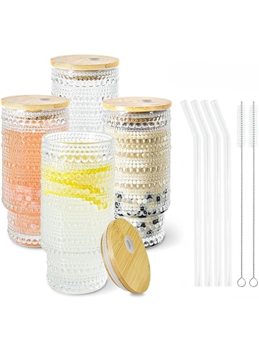 Icesip 4 Pcs 11 oz Drinking Glasses Cups Set with Bamboo Lids Straws Brush Hobnail Drinking Glassware Set for Juice Iced Coffee Beer Cocktail Whiskey