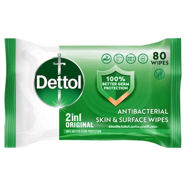 Dettol Original 2 in 1 Antibacterial Skin and Surface Wipes, 80 Wipes