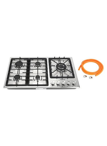 Olsenmark&nbsp;5 in 1 Gas Hob, 5 Burners Stove with Auto Impulse Ignition, Triple Ring, Rapid, Semi-Rapid and Auxiliary Burners, Low Consumption OMK7034 Silver